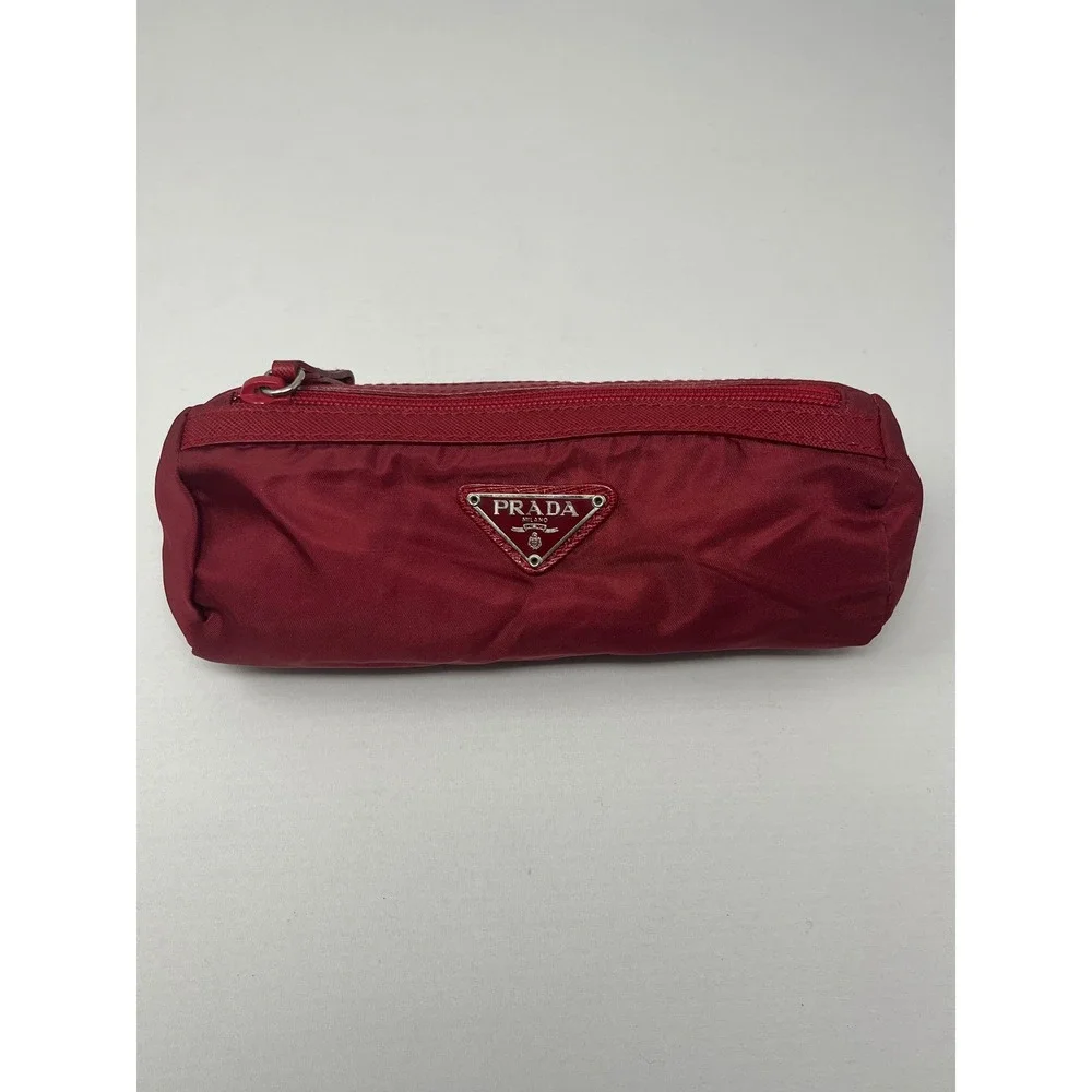 VTG Prada Tessuto Burgundy Red Nylon Triangle Logo Cylinder Cosmetic Pouch Bag